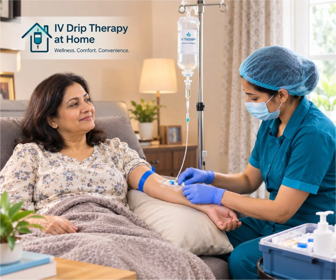 Nurse administering physician-guided IV drip therapy to a patient at home in South Delhi
