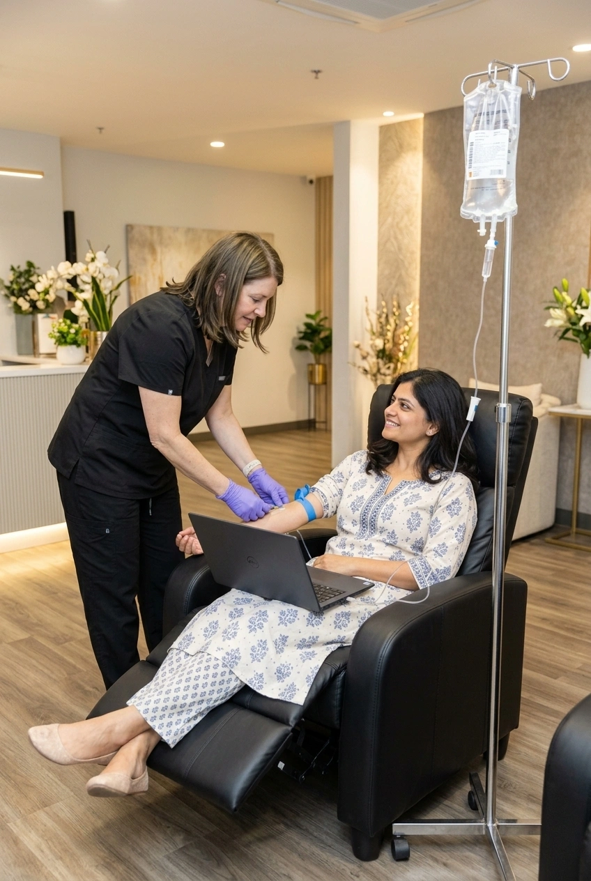 Indian woman smiling while receiving personalized IV drip therapy from clinical staff in comfortable clinic chair