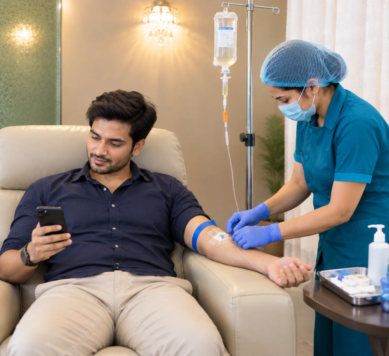 Patient receiving physician-supervised IV drip therapy at Eigen's clinic in Delhi