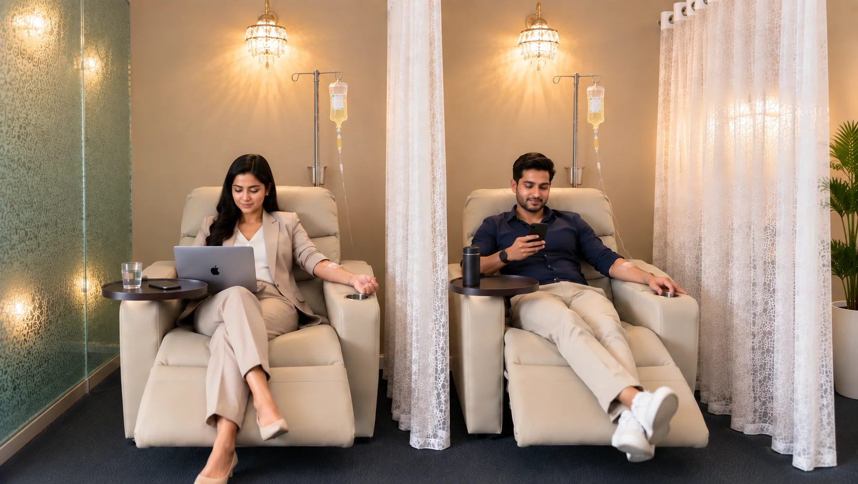 Two patients relaxing in premium recliner suites during IV drip therapy at Eigen's clinic in Delhi